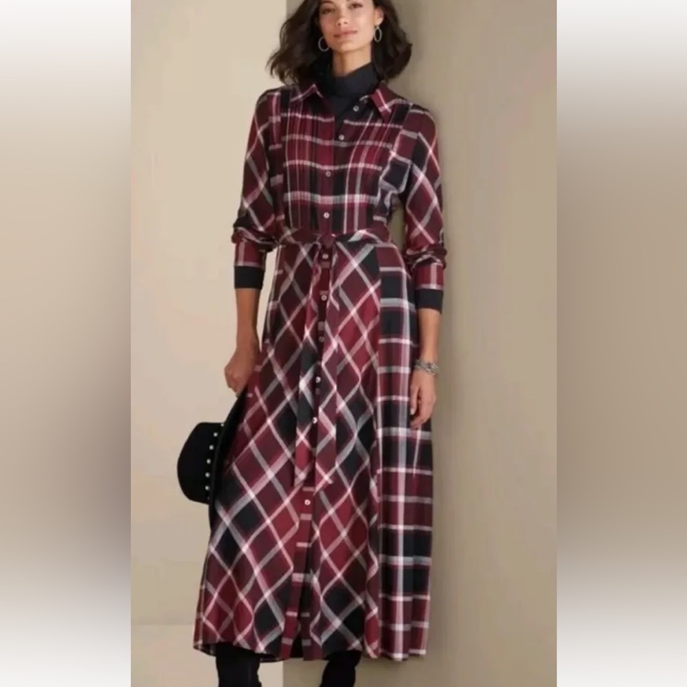 Soft Surroundings Red and Black Maxi Dress with Cuffed Sleeves NWT